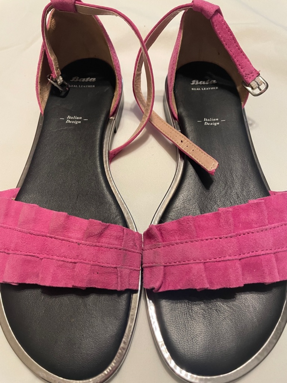 Bata Pink Suede Ruffle Ankle-Strap Sandals